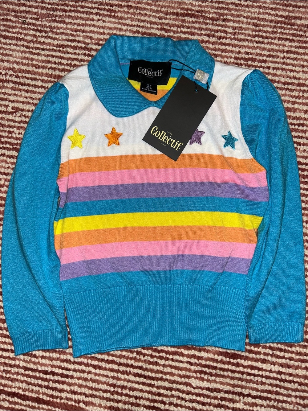 Collectif Kids Rainbow Stripe Polo Sweater - Teal & Multicolor